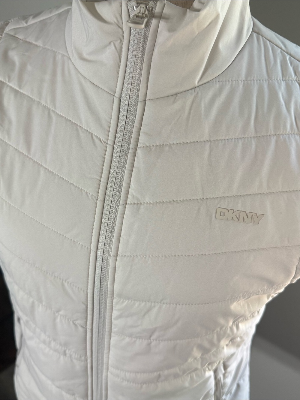 DKNY White Quilted Puffer Vest with High Collar